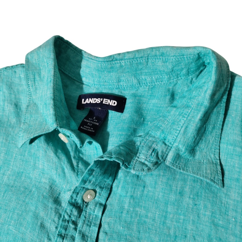 Lands End Mens Teal 100% Linen Short Sleeve Button Down Shirt Traditional Fit L - Picture 5 of 7